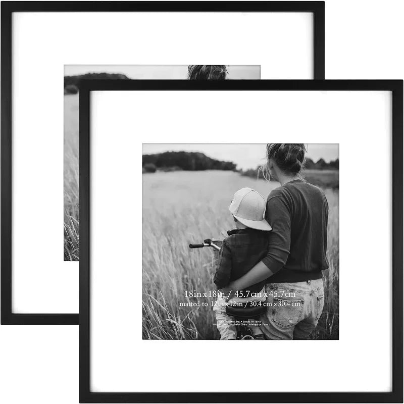 2-Pack 18x18 Black Square Frames, with 12x12 Mat Board for Wall Decor, Tabletop & Shelf Display Ready