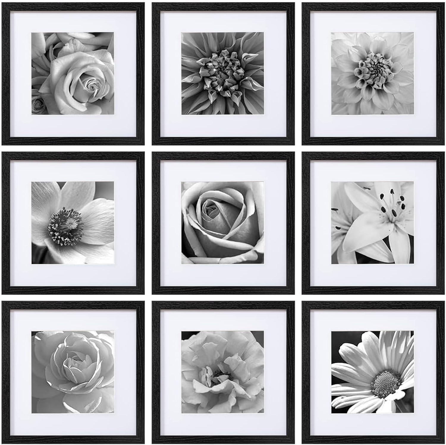 12x12 Picture Frames Set of 9 Classic Gallery Wall Frame Set Displays 8x8 Photo with Mat or 12x12 without Mat