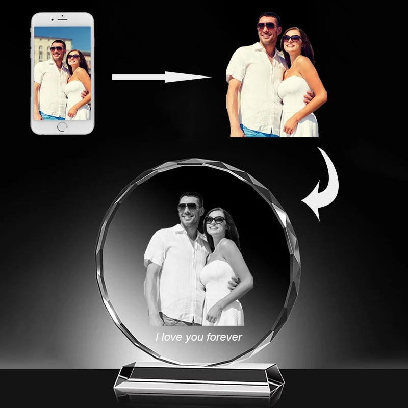 Free Custom DIY Round Shape Crystal Glass Photo Frame Personalized Wedding Family Anniversary Souvenir Birthday Gifts Home Decor