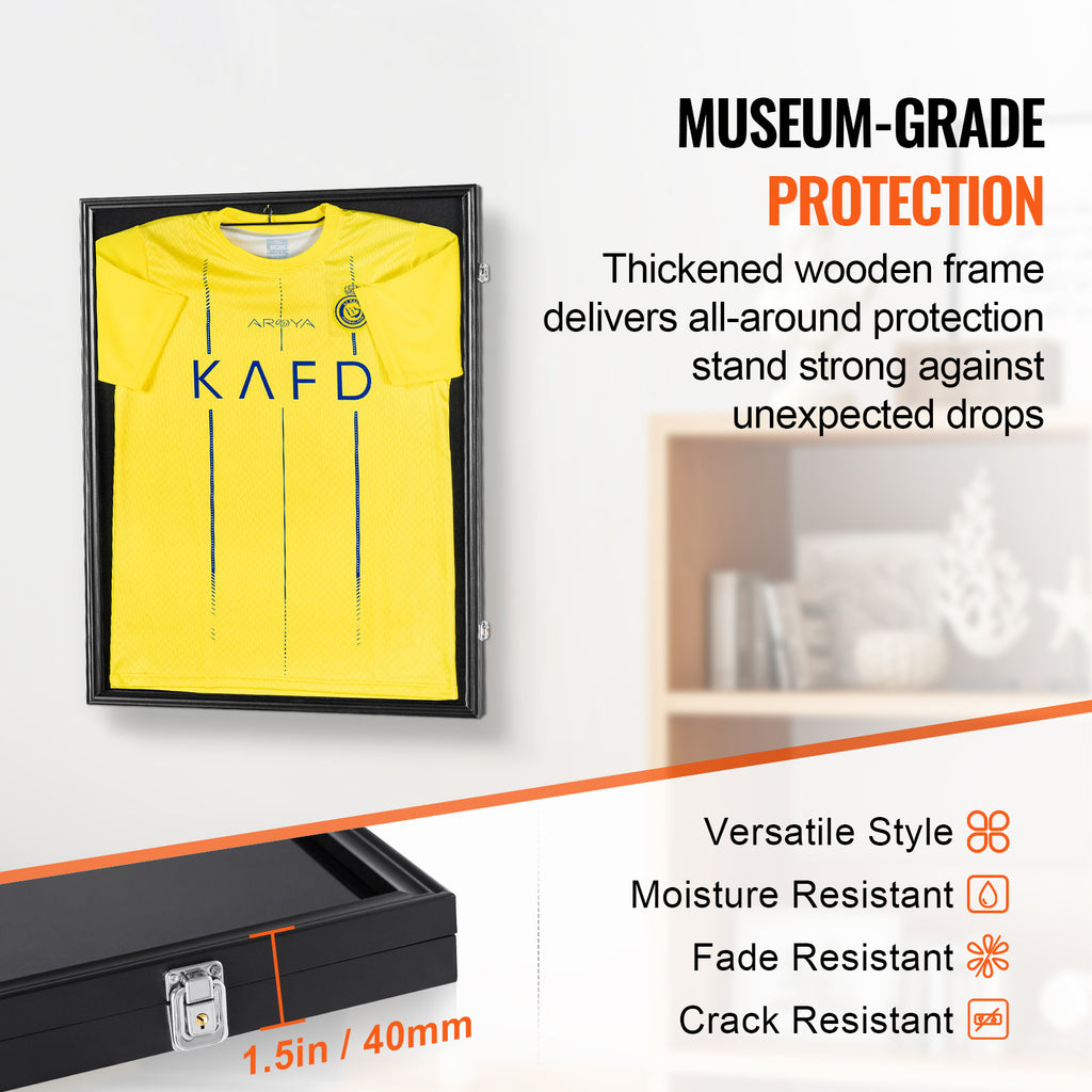 SucceBuy Jersey Display / Sports Card Display Frame Case, Large Lockable Sport Shadow Box, 98% UV Protection PC Glass & Hangers