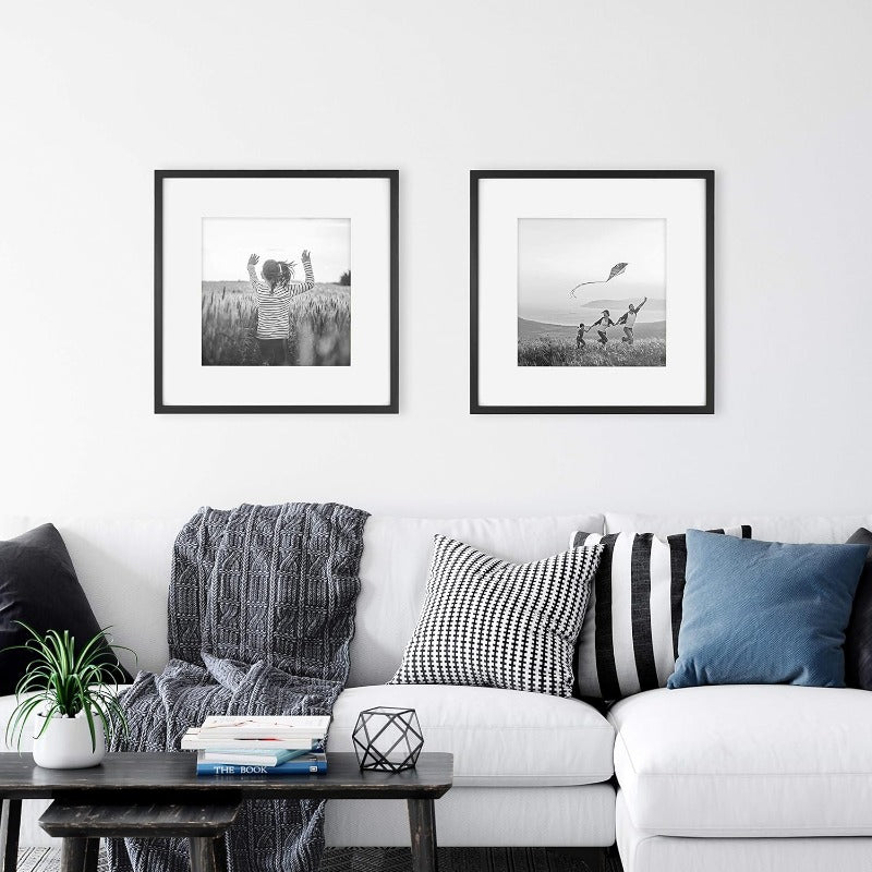 2-Pack 18x18 Black Square Frames, with 12x12 Mat Board for Wall Decor, Tabletop & Shelf Display Ready
