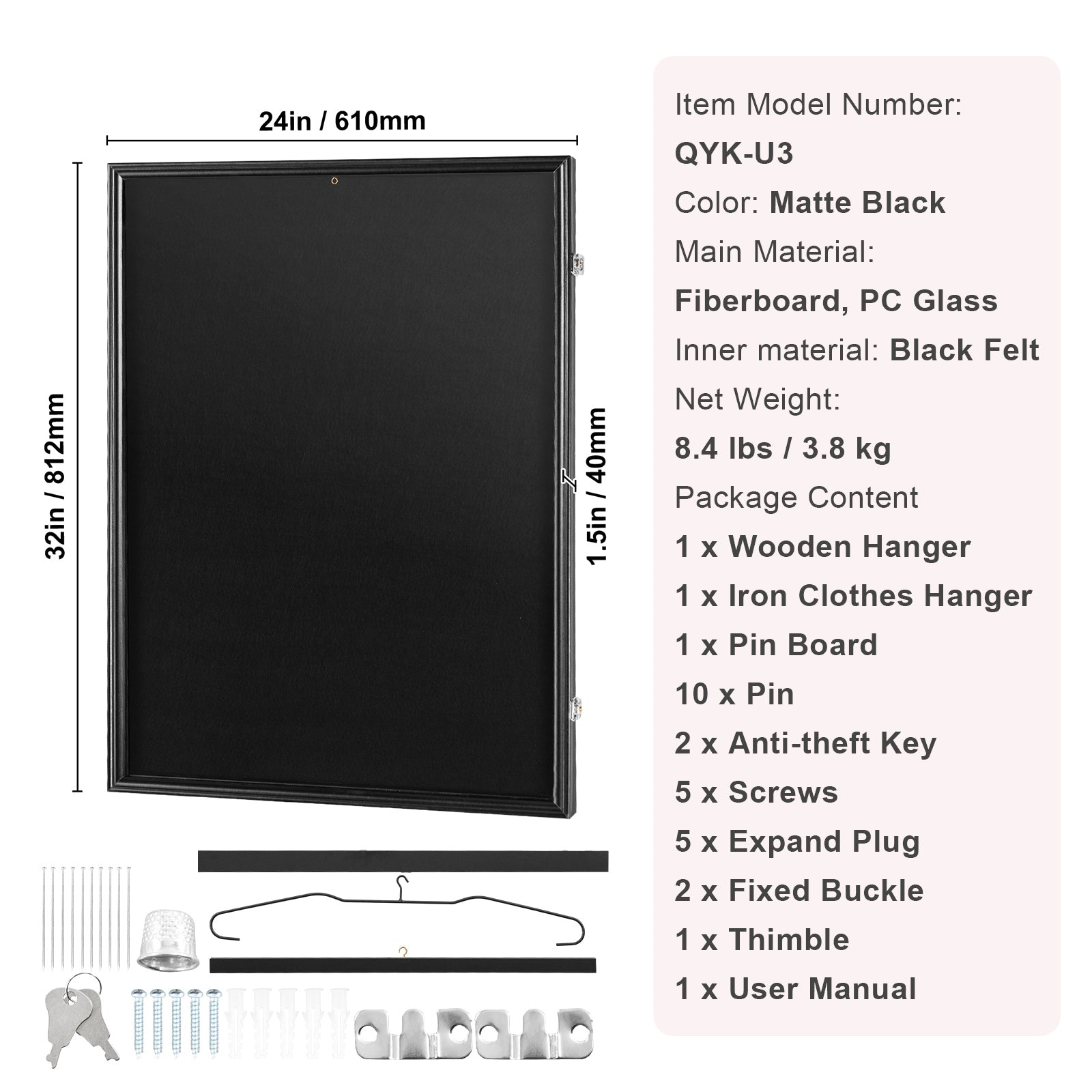 SucceBuy Jersey Display / Sports Card Display Frame Case, Large Lockable Sport Shadow Box, 98% UV Protection PC Glass & Hangers