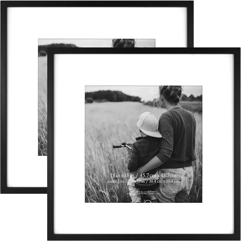 2-Pack 18x18 Black Square Frames, with 12x12 Mat Board for Wall Decor, Tabletop & Shelf Display Ready